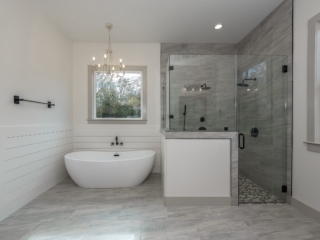 The Oak House Project's master bath with white and grey accents by LaFollette Custom Homes.