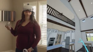 Homeowner using a VR headset to explore a virtual reality custom home walkthrough in 2026