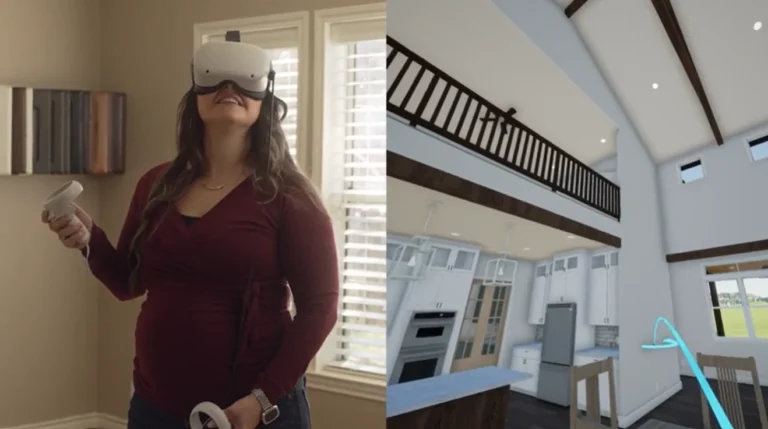 Homeowner using a VR headset to explore a virtual reality custom home walkthrough in 2026